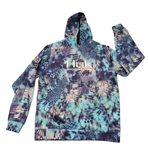 Huk Performance Fishing Lg Hoodie Shirt Blue Camo Long Sleeve UPF Sun Protection - Picture 1 of 8